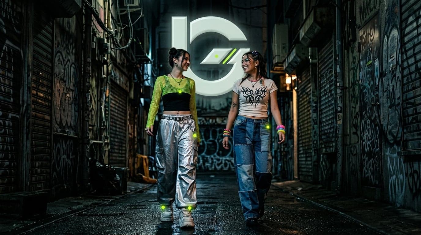 Lookbook photograph: two models in Y2K streetwear walking through a graffitied alley under a glowing GLOSS logo